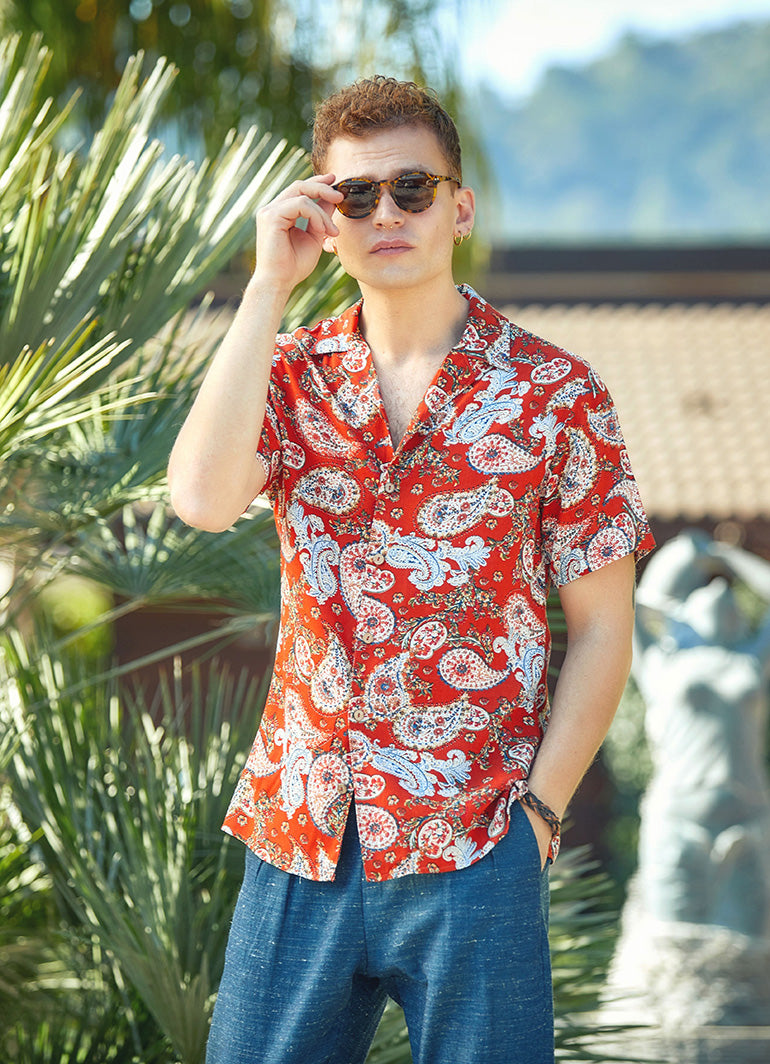 Boho Männer Hemd Langarm aus mitteldicker Viskose mit Paisleymuster in Braun, Senfgelb und Creme