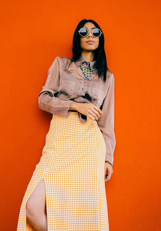 Boho Maxi Wickelrock aus Viskose mit geometrischem Muster in Rostrot