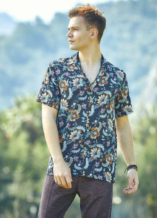 Boho Männer Hemd Langarm aus mitteldicker Viskose mit Paisleymuster in Braun, Senfgelb und Creme