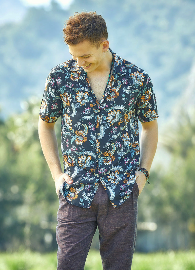 Boho Männer Hemd Langarm aus mitteldicker Viskose mit Paisleymuster in Braun, Senfgelb und Creme