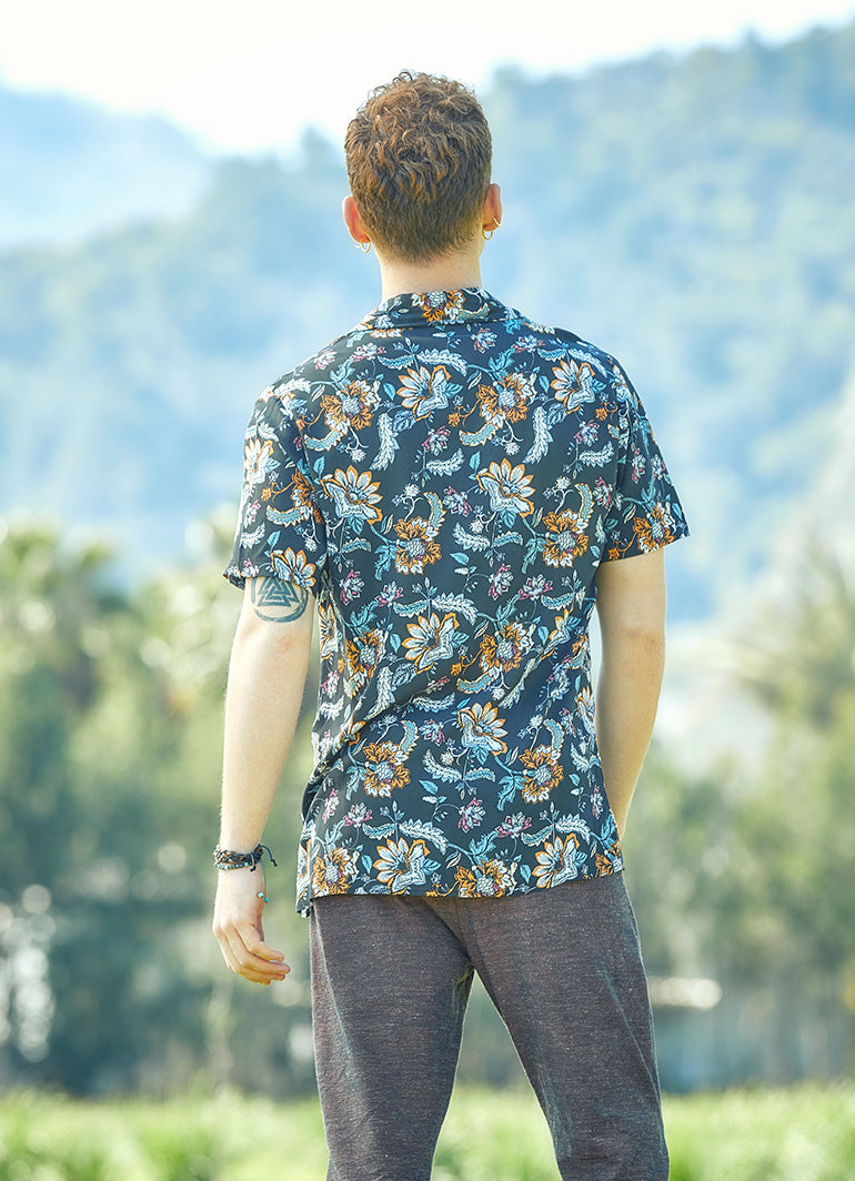 Boho Männer Hemd Langarm aus mitteldicker Viskose mit Paisleymuster in Braun, Senfgelb und Creme