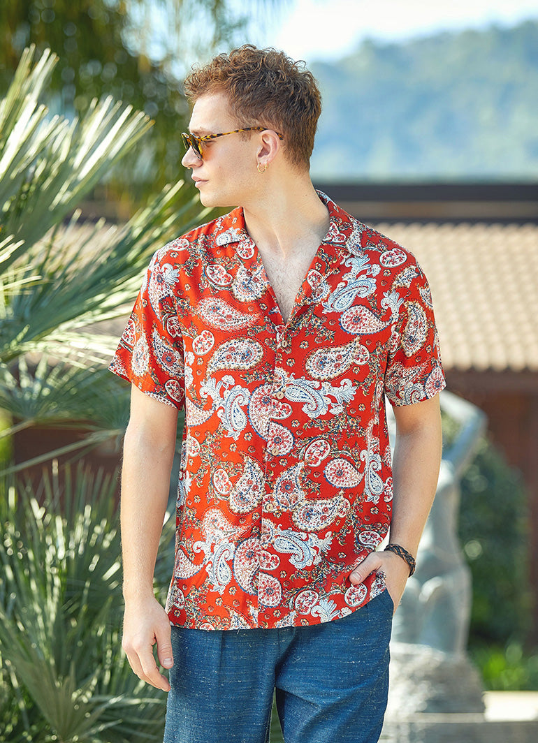 Boho Männer Hemd Langarm aus mitteldicker Viskose mit Ornamentmuster in Grau und Schwarz